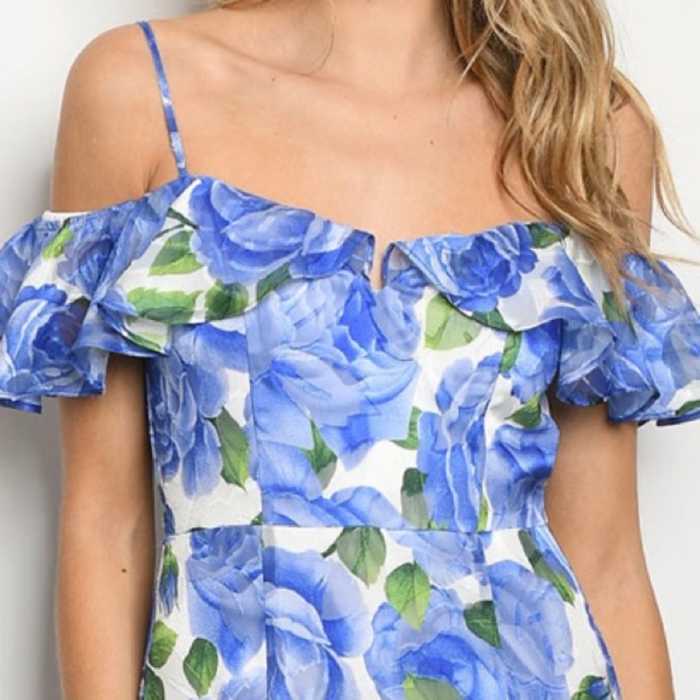 ❌DONATED❌Royal Blue White Floral Off Shoulders Ruffled Lined Maxi Dress - Picture 3 of 17